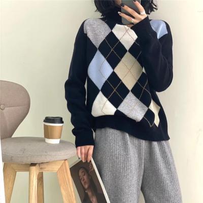 China Anti-wrinkle women vintage keep soft pattern diamond block color block turtle neck argyle plaid sweater hot for sale