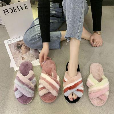 China Fashion Trend New Fashion Colorful Plush Women's Sandals Indoor Open Toe Cross Fur Cotton Fabric Slippers for sale