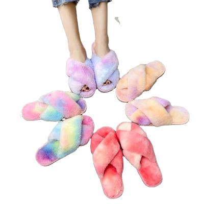 China CUSHIONING Fashion Colorful Crossed Large Size Home Slippers Autumn And Winter Women's Plush Fur Slippers for sale