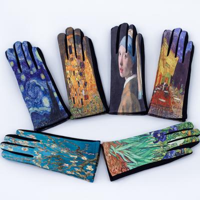 China Plain Customize Famous Painting Suede Fabric Popular Winter Driving Gloves For Women for sale