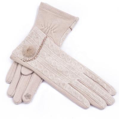 China New Design Simple Knitting Fabric Spliced ​​With De-velvet Fabric Gloves Women Fashion Fur Ball Gloves for sale