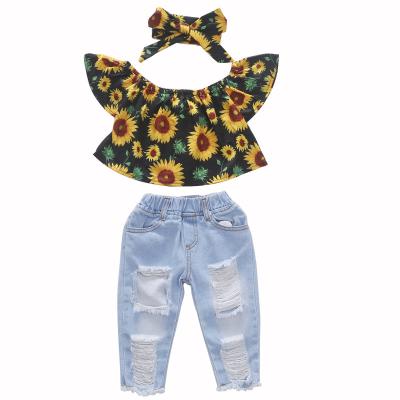 China Sleeve Woven Printed Sunflower Ruffle Suit Girls Frosted Perforated Denim Pants Bandeau 3 Piece Set for sale