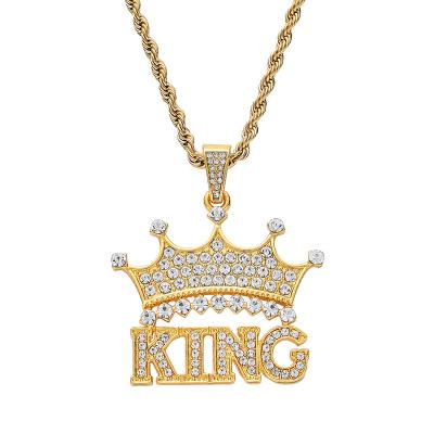 China 2021 CLASSIC Fashion Jewelry Full Golden Diamond Crown Necklace Hip Hop Pendant for sale