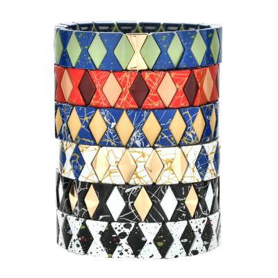 China BOHEMIA Cenda Tile Bangle Cuff Bracelets Women Elastic Bangle Triangle Braided Enamel Stackable Jewelry for sale