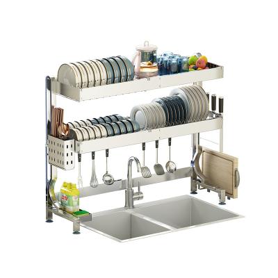 China Mordern Kitchen Shelves Drop Down Double Layer Drying Bomb Drain Expanding Rack Dish Rack for sale