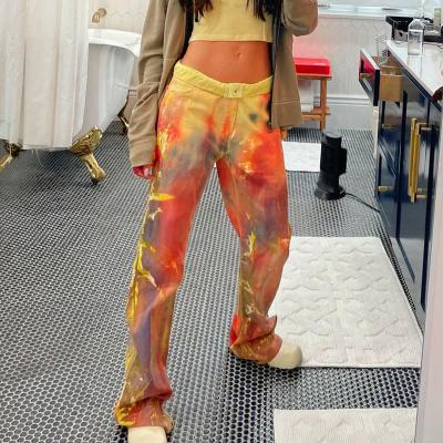 China 2021 new wholesale QUICK DRY drop cotton fabric tie dye women fashion casual cargo high waist straight pants for sale