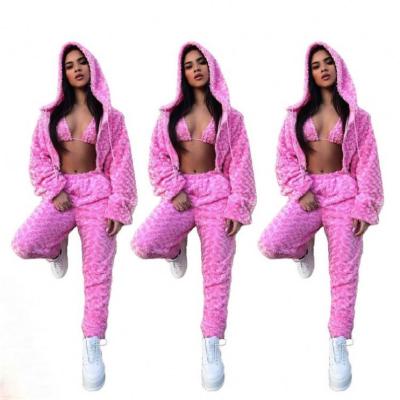 China Winter Breathable Clothes Woman Warm Plush Pajama Set Three Piece Lounge Set for sale