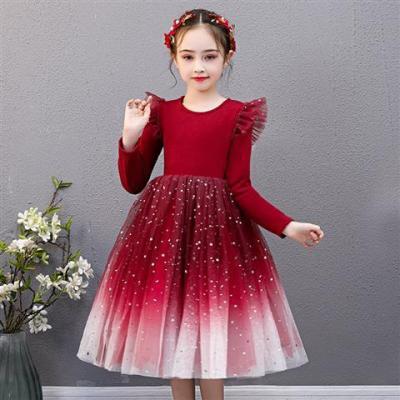 China Wholesale Girl Dresses Long Sleeve Lace Dress Designs Princess Dance Skirt Red Breathable Children Clothing for sale