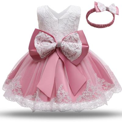 China Anti-static cute kids lace up gown flower girl dresses for 1 years old baby party christening gown with hair band for sale