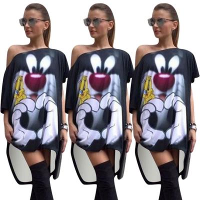 China 2021 Strapless Breathable Cartoon Print Dress Women Dresses Lady Elegant Casual Outfits Women for sale