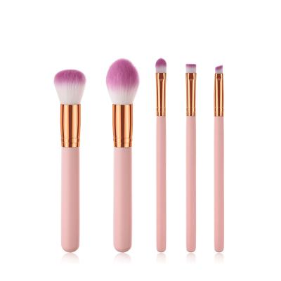 China Factory Custom Professional Makeup Brush Set Pink Wood Handle White and Pale Purple 5pcs Nylon Makeup Brush Set for sale