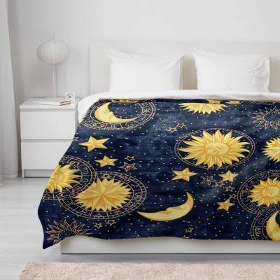 China Boho Sun Moon and Stars Sky Light Chic Gold Blue Black Antique Style Decorative Blankets, Lightweight Flannel Fleece Throw Blanket for sale