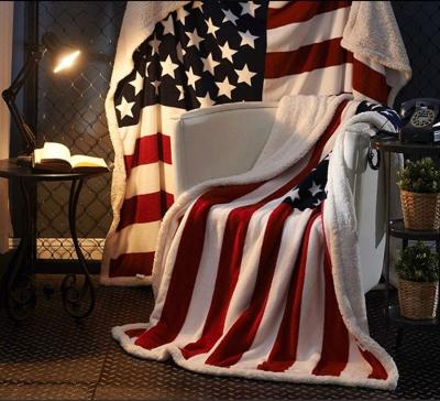 China Wholesale American Style With American Flag Print Soft Cozy Super Cozy Flannel Sherpa Blanket for sale