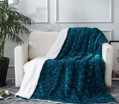 China Soft Warm Ruched Sherpa Fur - Soft Warm Plush Mermaid Scales Faux Fleece Textured - Smart Vibrant Embossed Blue Green Teal Blanket for sale