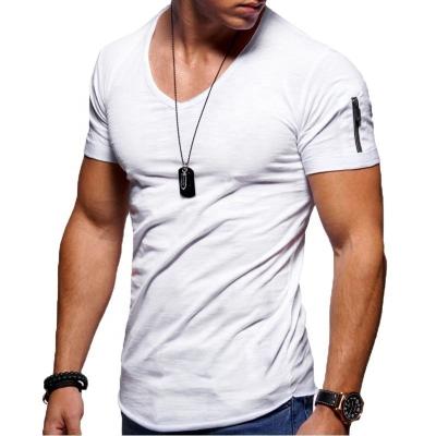 China QUICK DRY men's T-shirt arm zipper customized big men's V-neck solid color men's short sleeve T-shirt customization for sale