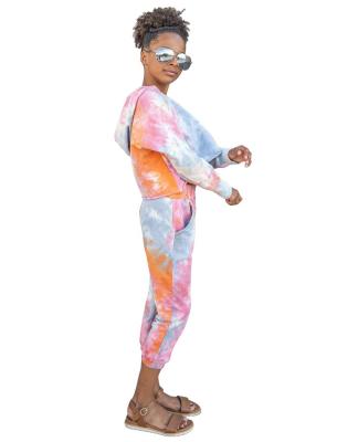 China 2021 New Style Breathable Girl Clothes Fall Sportswear 2 Piece Long Sleeve Tie Dye Print Suit Design For Girls for sale