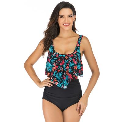 China 2021 Breathable Big Lotus Leaf Split Swimwear Multi-Floral Hot Swimsuit Double-Strap Bikini Pleated High-waisted Brazilian Swimwear for sale