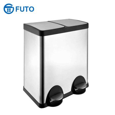 China Sustainable Stainless Steel Recycling Bins Rectangular Double Compartment Trash Can 40L / 15.5 Gallon for sale