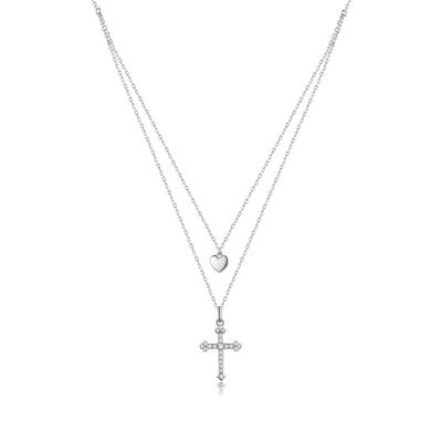 China Amazon Thanksgiving Fashionable Double Layer Platinum Plated Necklaces Female Heart And Silver Cross 925 Necklace for sale