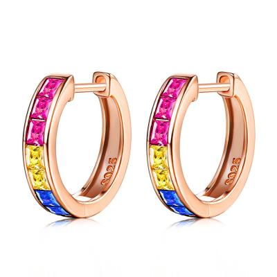 China S925 Sterling Silver Rose Gold Plated Fashion Zircon Beautiful Trendy Colorful Stone Rainbow Silver Circle Earings for sale