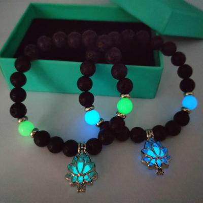 China Jane Eyre Wholesale New Fashion TRENDY 8mm Lava Volcanic Stone Beaded Luminous Lotus Cage Charm Bracelets for sale