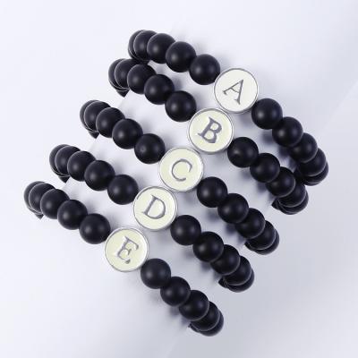 China Jane Eyre Wholesale 26 8mm Black Agate CLASSIC Initials Cheap Price Stones Beaded Luminous Letters Bracelets for sale