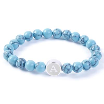 China Jane Eyre Wholesale CLASSIC 26 initials 8mm blue turquoise beaded luminous yoga letter bracelets for sale