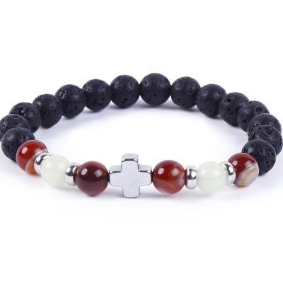 China New Handmade Dark Red Casual/Sporty Beads Black Lava Stone Beaded Luminous Hematite Cross Bracelets for sale