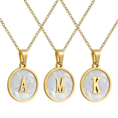 China New Design TRENDY 26 Initial Round Shell Pendant Gold Stainless Steel Letter Necklace For Women Gift for sale