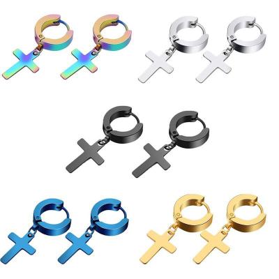 China FASHIONABLE Wholesale Gold Stainless Steel Black Plated Friend Gift Circle Hanging Matching Cross Earrings For Men for sale