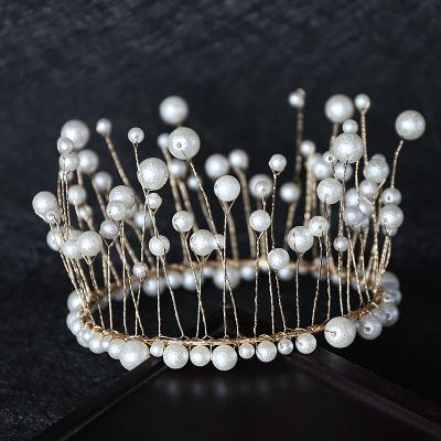 China handmade white pearl round crown birthday cake decoration hair accessories headdress bridal crown ZF19-1614 for sale