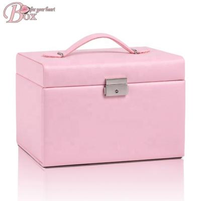 China Handmade Pink Jewelery Lock Jewelry Box Mirror Makeup Storage Boxes Jewelry Organized Box for sale