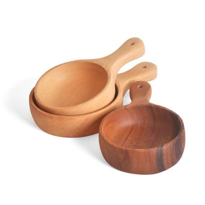 China Custom Sustainable Logo Household Kitchenware Food Fruit Wooden Serving Salad Bowl With Handle for sale