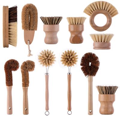 China Sustainable Natural Eco-Friendly Coconut Bamboo Wooden Sisal Dish Bottle Cleaning Pot Sweep Wooden Handle Cleaning Brush Set for sale