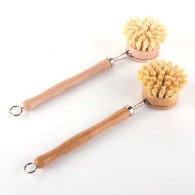 China Sustainable Private Label Biodegradable Round Head Long Handle Pan Dish Stove Sink Cleaning Scrub Kitchen Bamboo Wood Sisal Bristle Brush for sale