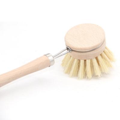 China New Viable Arrive Bamboo Wooden Round Head Long Handle Pan Dish Stove Sink Cleaning Scrub Kitchen Sisal Bristle Brush for sale