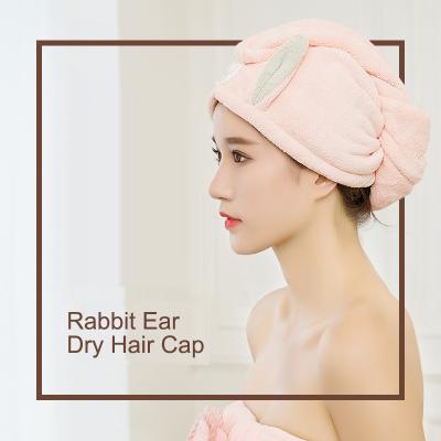 China Lovely QUICK DRY Coral Velvet Hygroscopic Scarf Towel Rabbit Ears Wrapped Hair With Buttons Bath Hat Dry Hair Cap for sale