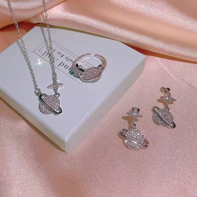 China Wholesale Fashion Jewelry Set Zircon Necklace Earring Ring Three Piece Set Wedding Dress Jewelry Planet Charm Necklace for sale