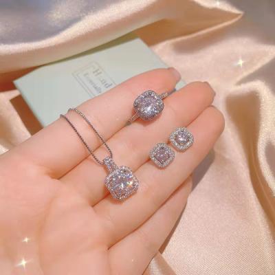 China Fashion Diamond Jewelry Set Zircon Crystal Square Diamond Ring Earring Pendant Three Piece Diamond Jewelry Set for sale