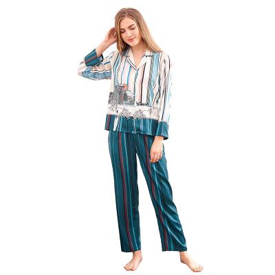 China QUICK DRY pattern fashion imitate real silk women's pants women's long sleeves pajamas ice silk house suit for sale