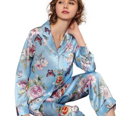 China 19 Momme Women's QUICK DRY Silk Pajamas Set Blue Butterfly Printed Long Mulberr.y Silk Sleepwear Silk Pajamas for sale