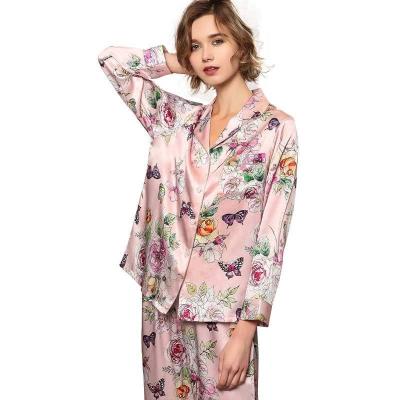 China Momme QUICK DRY 19 Women's Pink Butterfly Silk Pajamas Set Mulberr.y Ladies Luxury Long Silk Pajamas for sale