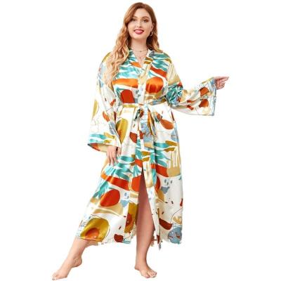 China QUICK DRY ladies' home large size dress with loose version of silk printing with large size print dress for sale