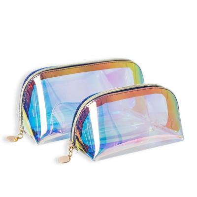 China NATIONAL Low MOQ Custom Logo Clear Transparent Holographic Makeup Bag Make Up Pouch PVC Cosmetic Bags For Women for sale