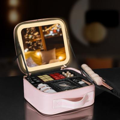 China NATIONAL Portable PU Make Up Organizer With Full Led Light Mirror Waterproof Cosmetic Case Storage Box Travel Bags Hand Makeup Suitcase for sale