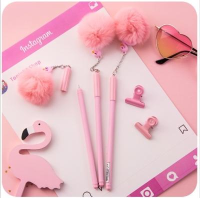 China Cute cartoon flamingo hair ball pen female student black gel normal creative cute pendant pen 0.5mm for sale