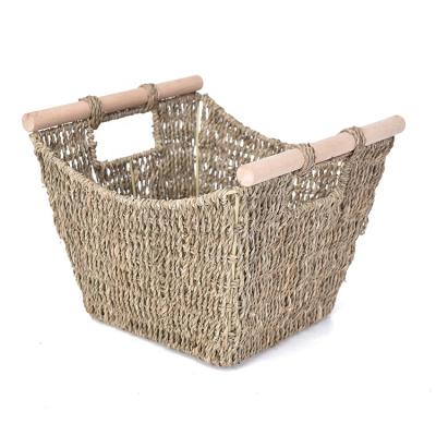 China Seaweed Storage Basket with Wooden Handle Straw Folding Crochet Storage Basket Nursery for sale