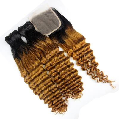 China Brazilian Ombre Deep Wave Hair Bundles With Closure 3 Part Deep Curly Hair Extensions Ombre Bundles With Lace Closure T1b/30 for sale