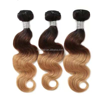 China Water Wave Ombre 3 Bundles Mink Body Wave Brazilian Human Hair Dark Gold Hair Color Tone T1b/4/27 Brown With Lace Closure Weave Extension for sale