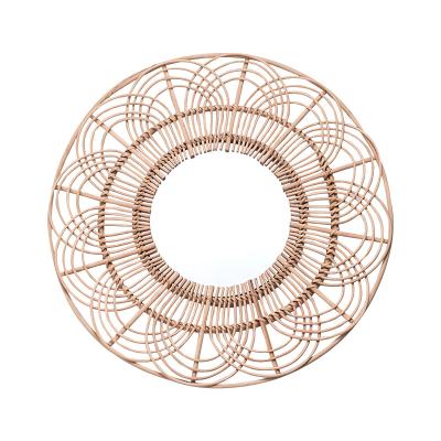 China Factory Supply Mirror Woven Wall Decorative Nordic Decorative Wall Mounted Wooden Border Straw Round Rattan Mirror for sale